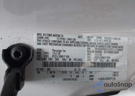 2015 Ford C-Max Energi Sel z USA, uszkodzony, nr VIN 1FADP5CUXFL112665